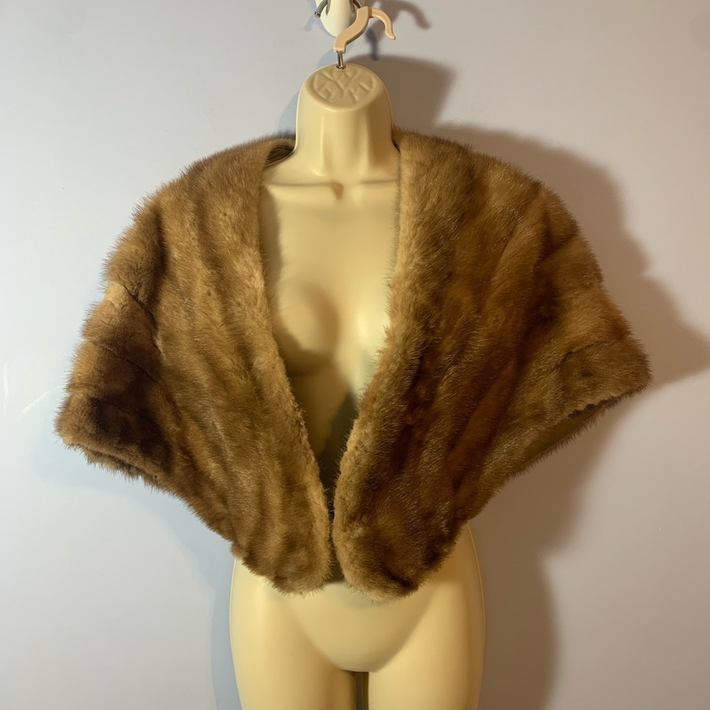 Vintage Womens mink stole wrap cover shawl brown tan formal party black tie